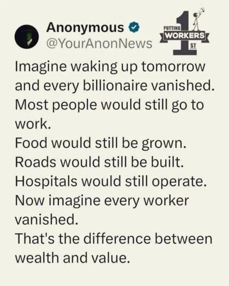 Anonymous News tweet about imagining wages and workers; text blocks about vanishing billionaires and.