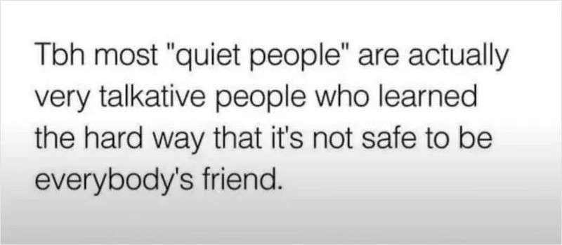 Tbh most "quiet people" are actually very talkative people who learned the hard way that it's not? 0.