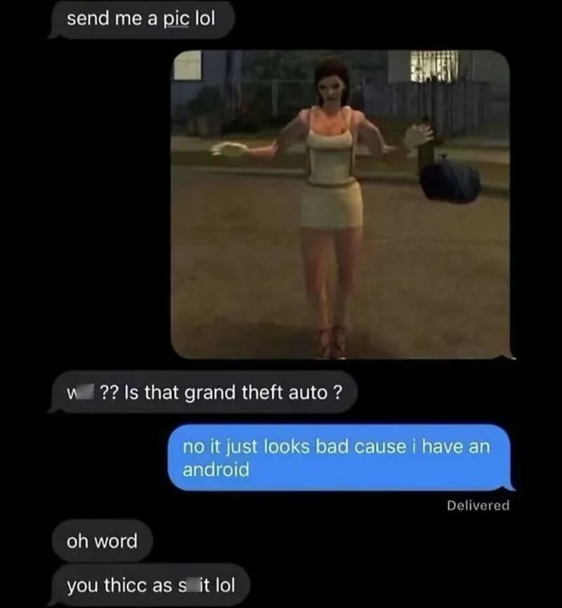 Screenshot of a chat conversation with a woman in a dress and a man.