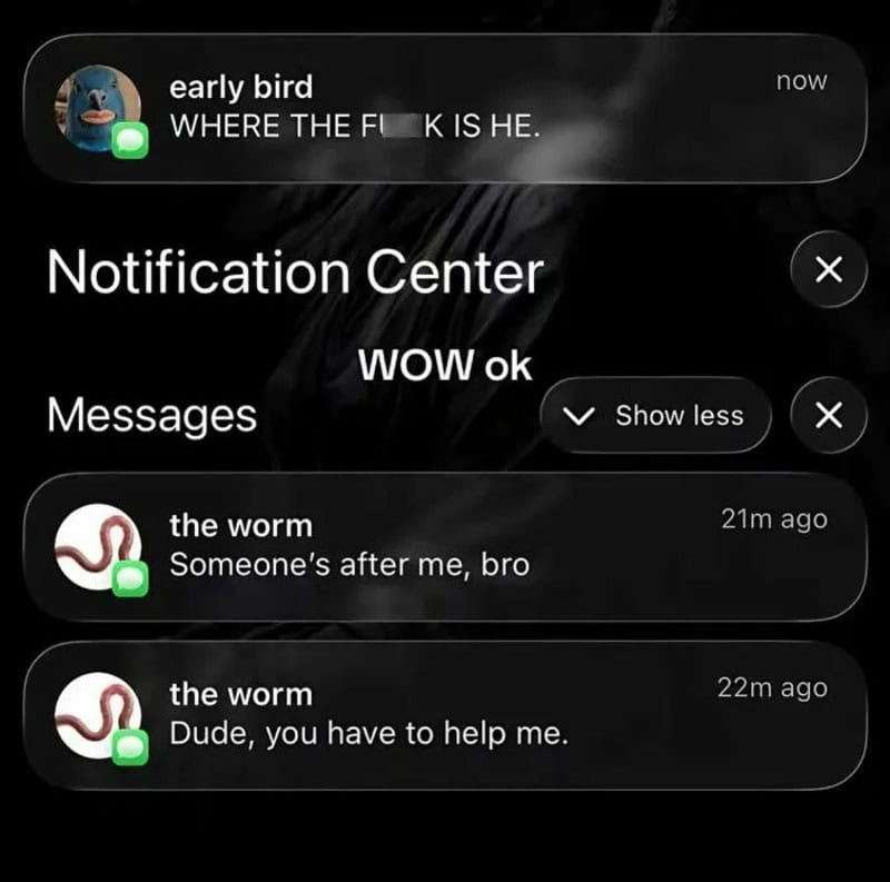 Notification screen with messages from 'the worm' and a notification from 'early bird'.