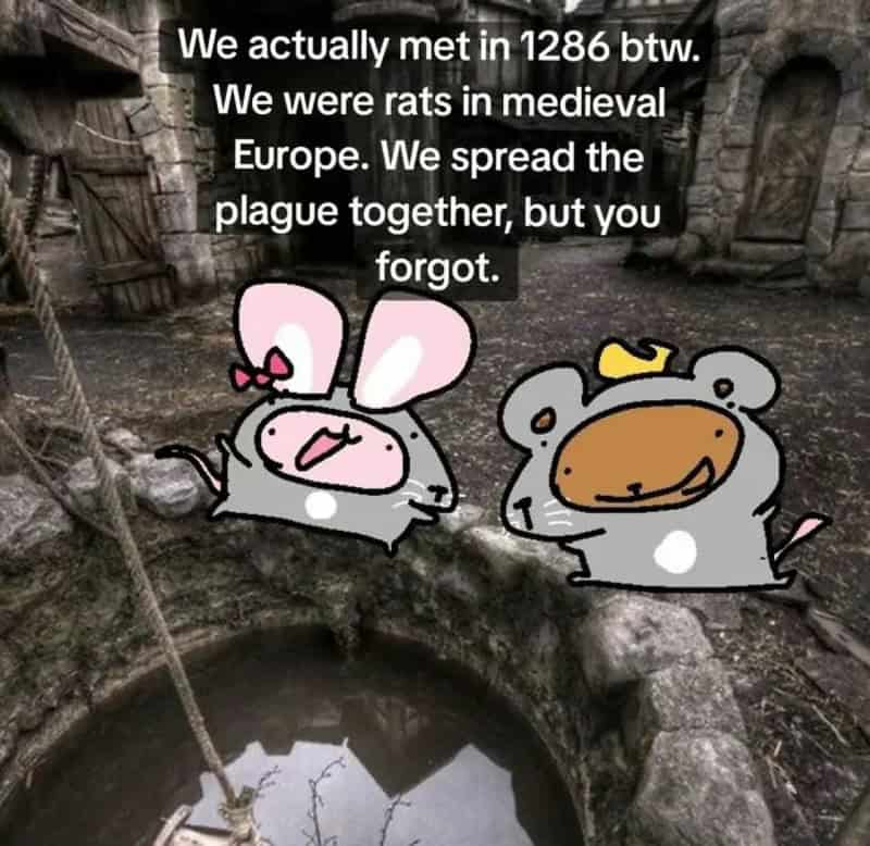 Funny cartoon mice with medieval background and humorous text about the plague.
