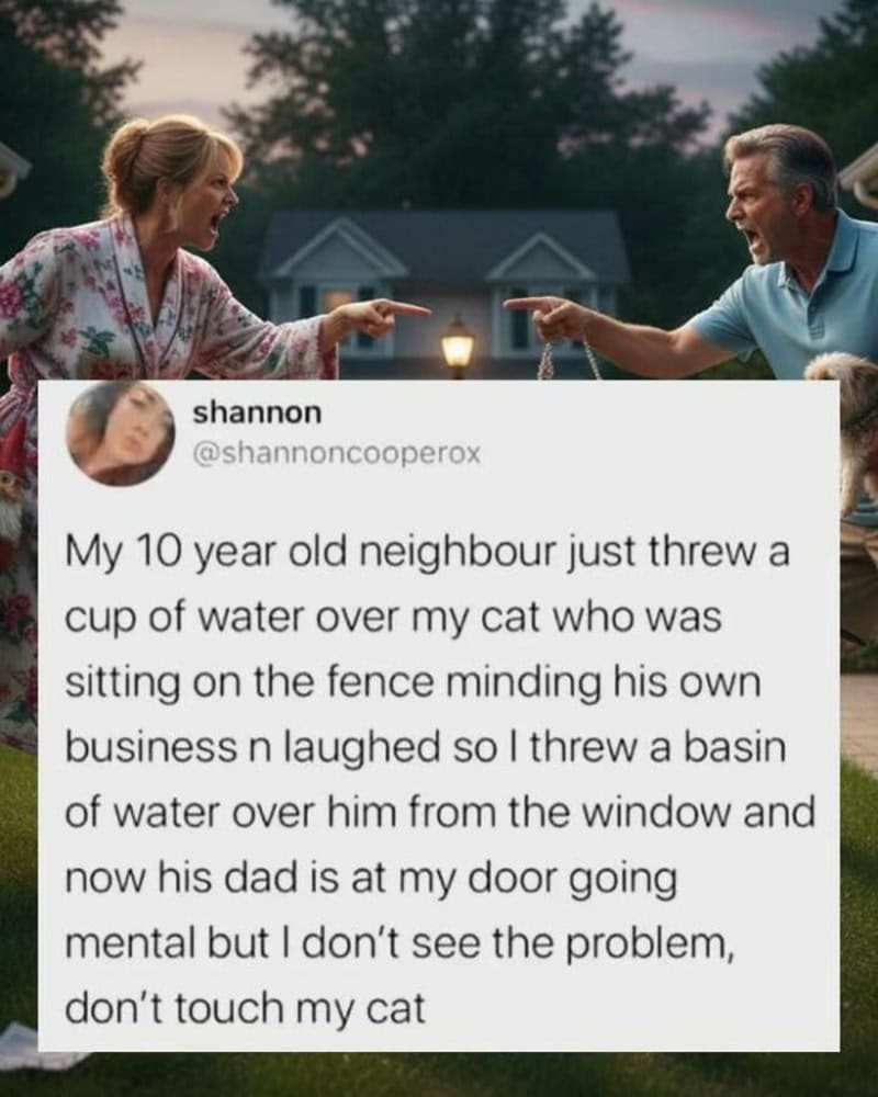 Two people pointing and laughing at each other outside during sunset.