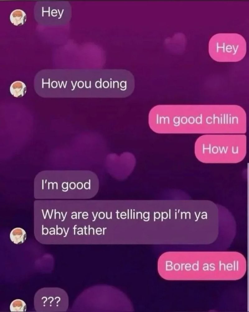 Text conversation with purple and pink background, discussing feeling bored.