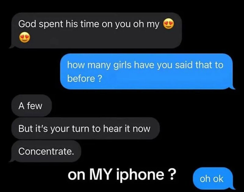 Text conversation about God and girls on an iPhone.