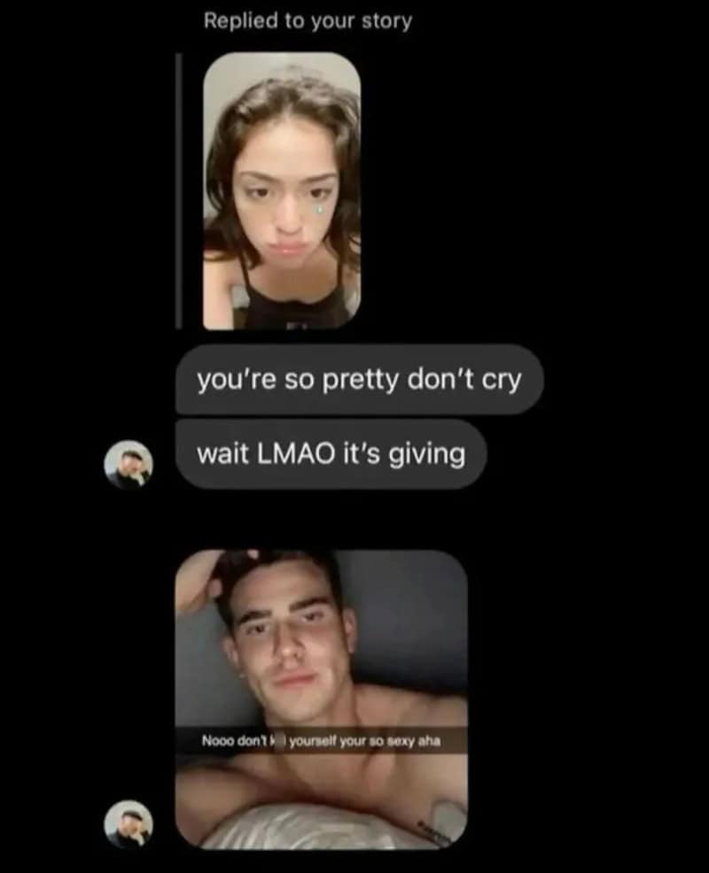 Screenshot of a social media reply with a girl and a guy, humorous comments about appearance.