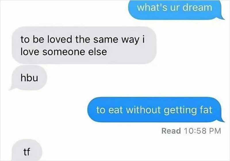 Text conversation about love and eating without gaining weight.