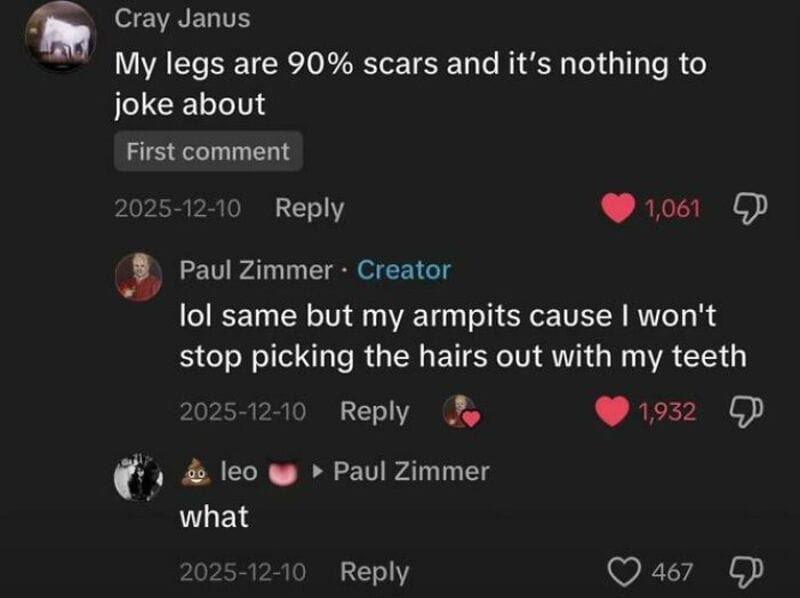 TikTok comments about scars and armpits with replies and reactions.