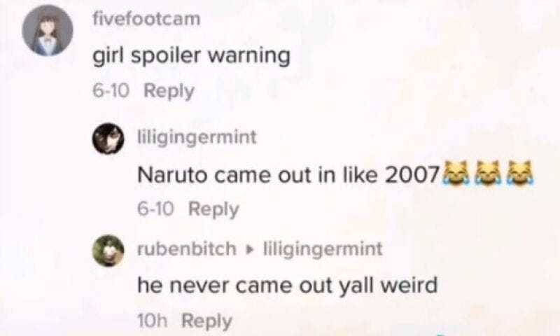 TikTok comments about Naruto's release year, with humorous replies.