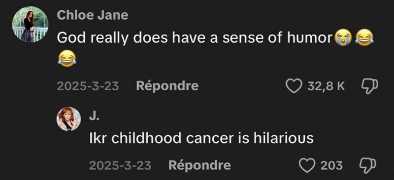 TikTok comments about humor and childhood cancer, with laughing emojis.