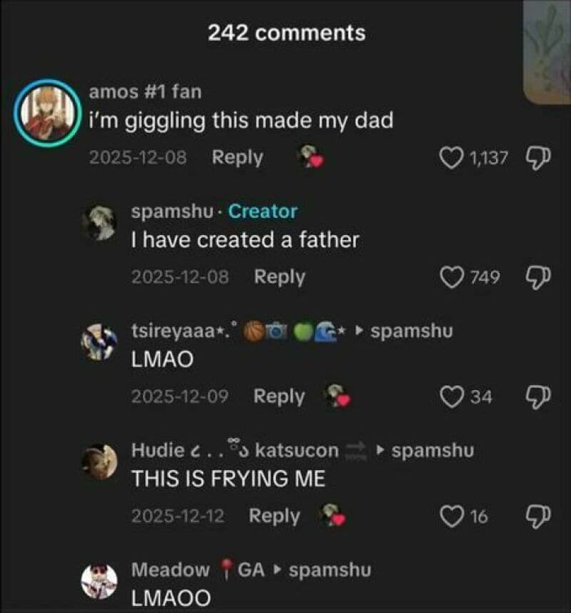 TikTok comments with humorous messages about creating a father and laughing.