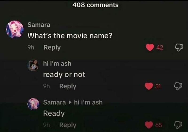 TikTok comments about movie name and readiness, with likes and replies.
