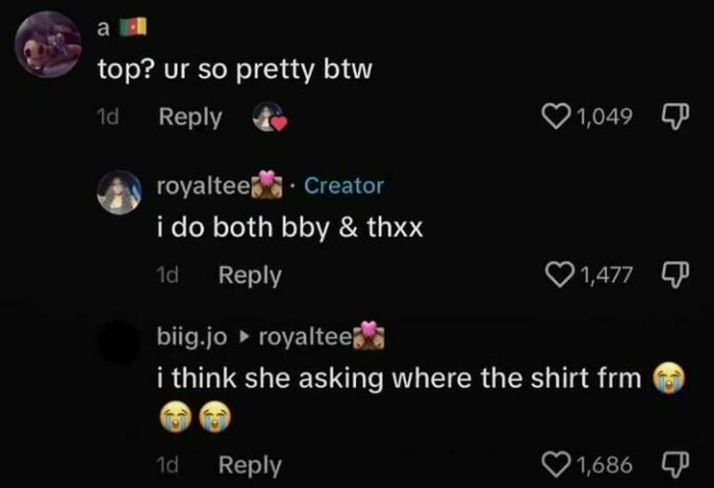 TikTok comments about a girl asking about a shirt, with replies about being pretty.
