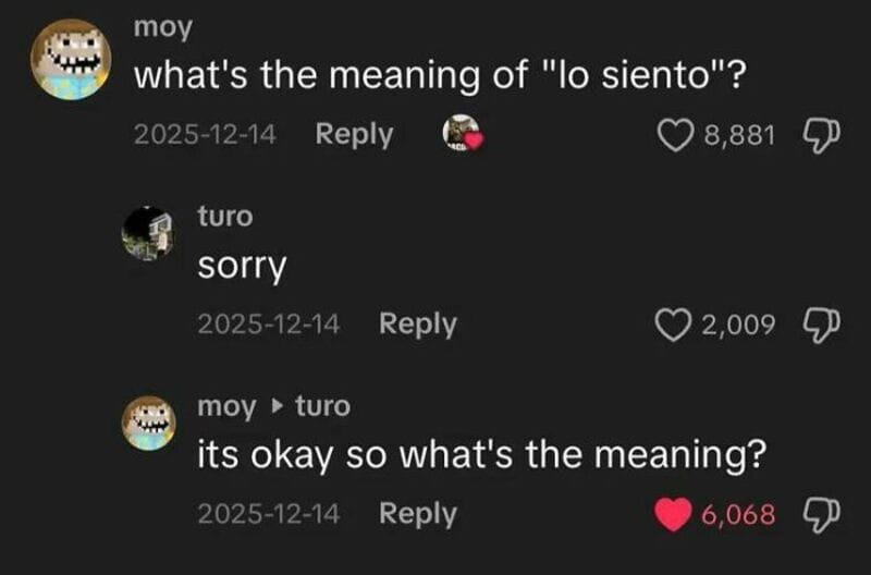 TikTok comments about 'lo siento' with questions and apologies.
