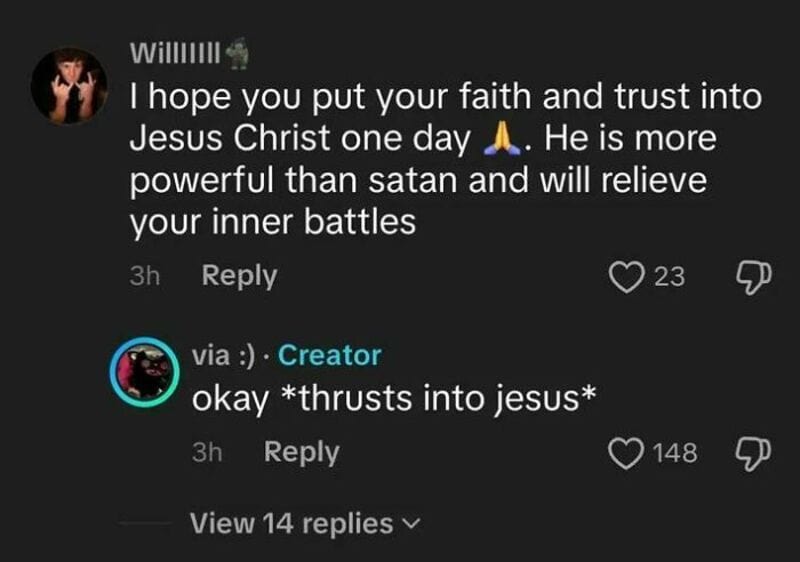 TikTok comments about faith and trust in Jesus Christ with emojis and replies.