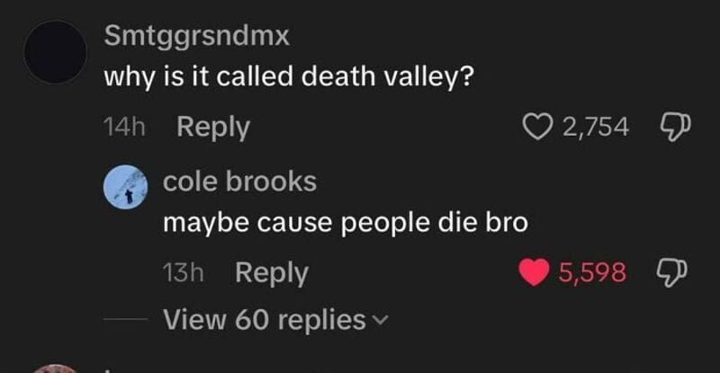 TikTok comments about Death Valley, asking why it's called that.