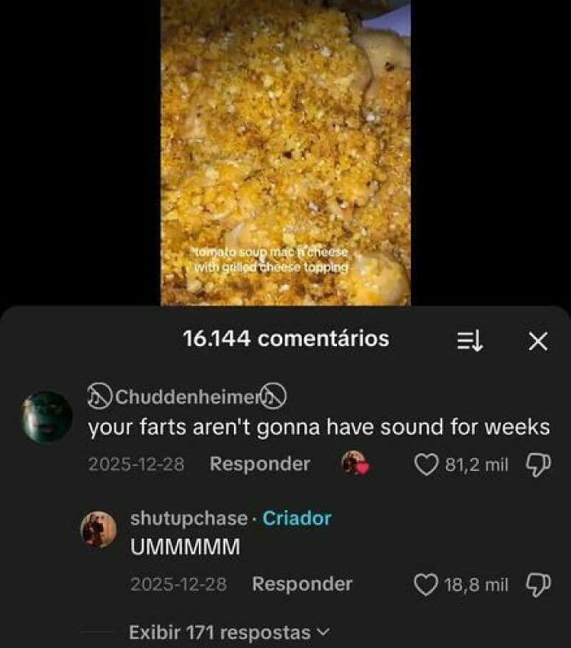 Screenshot of a TikTok comment section with humorous comments about fart sounds.