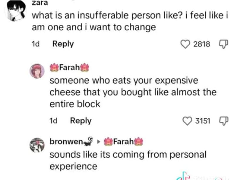 TikTok comments about an insufferable person, expensive cheese, and personal experience.