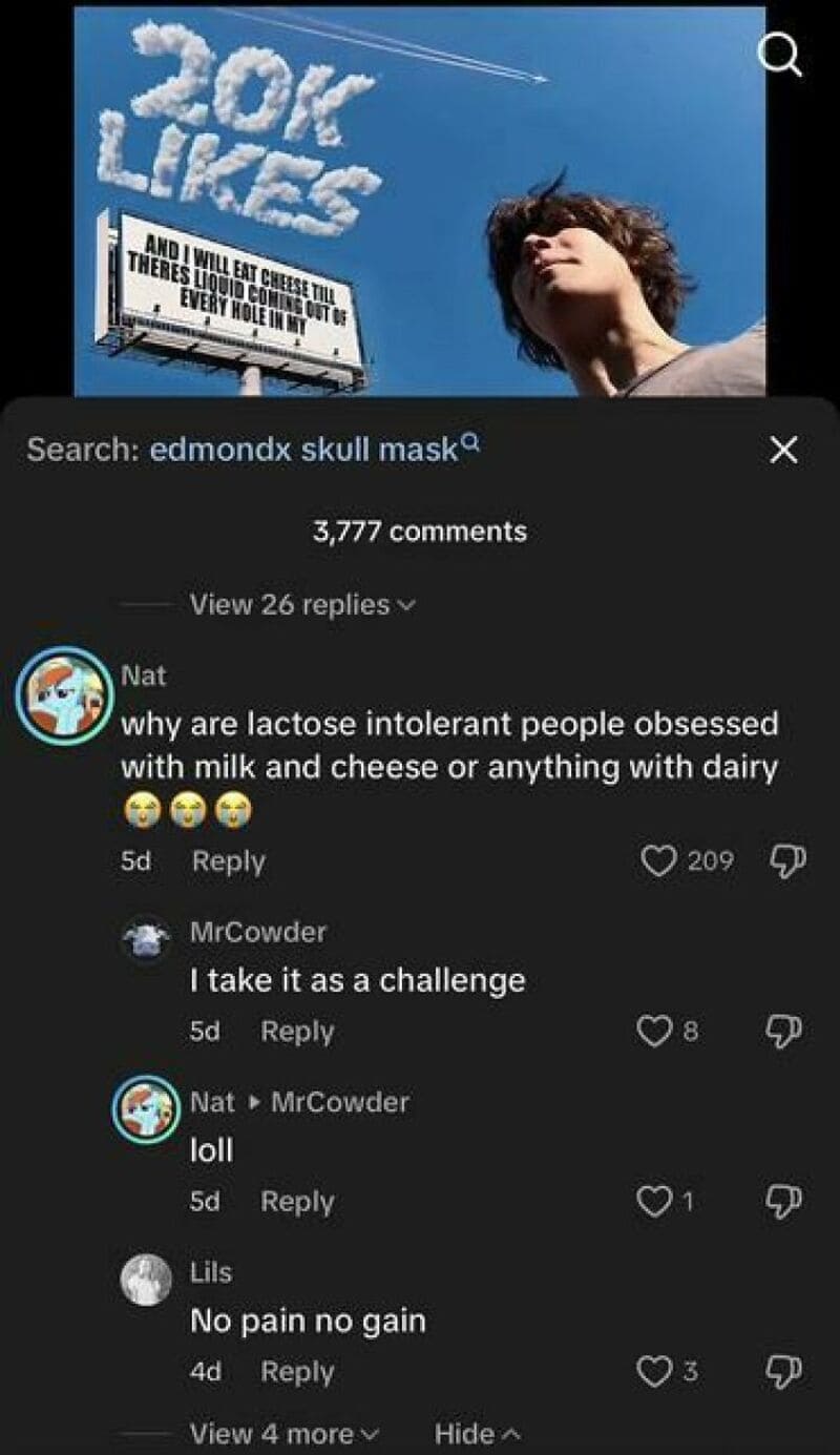 Person with dark hair looking up at a blue sky with a sign that says '20K LIKES' and a quote about a.