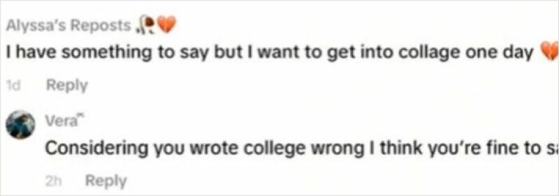 Screenshot of TikTok comments discussing collage and college mistakes.