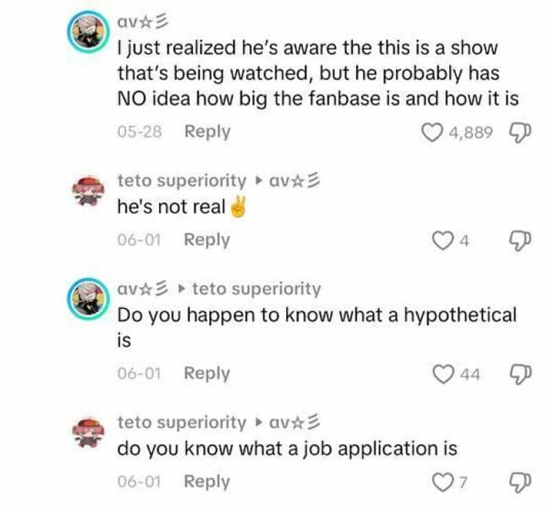 TikTok comments about a show and fanbase, with replies questioning reality and job applications.