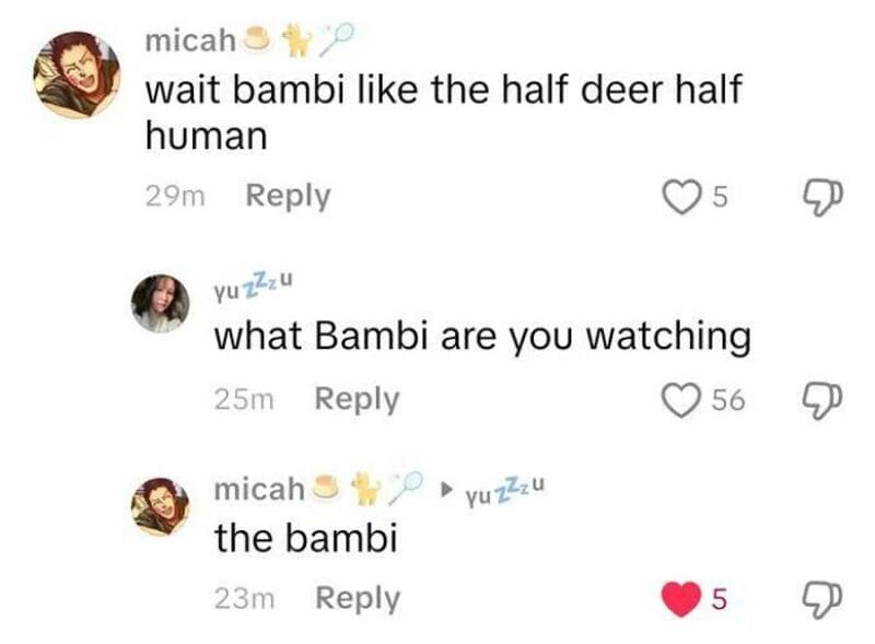 TikTok comments about Bambi, mentioning half deer half human and watching Bambi.