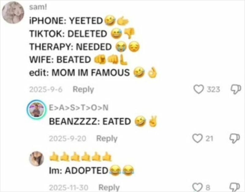 TikTok comments about iPhone, TikTok, therapy, wife, and mom, with emojis.