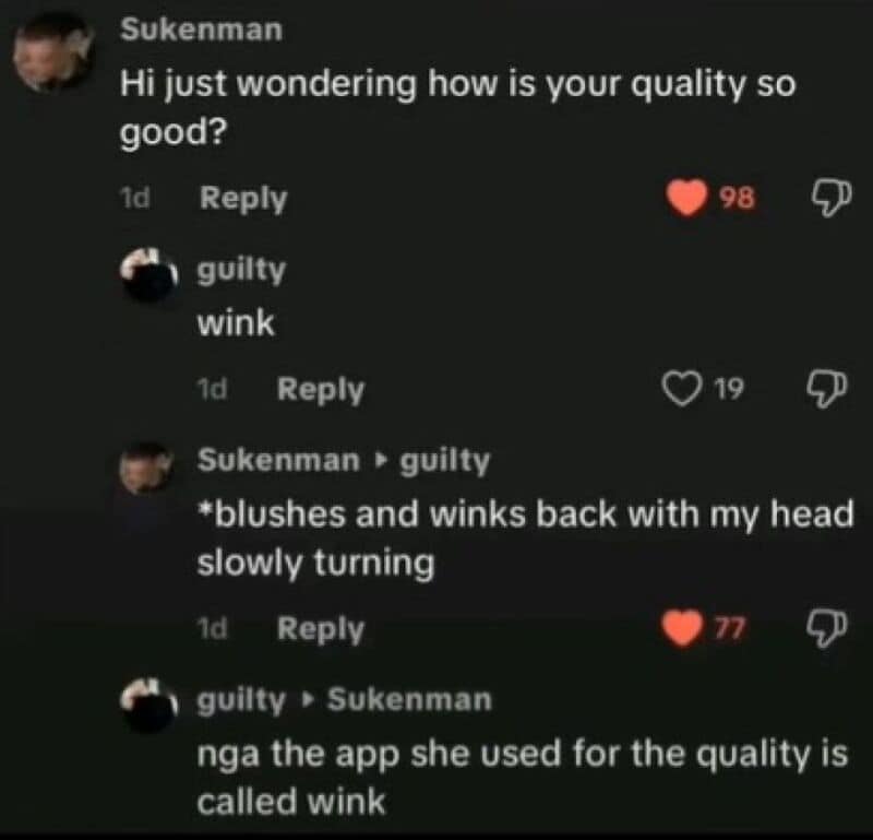 TikTok comments about app quality and winking responses.
