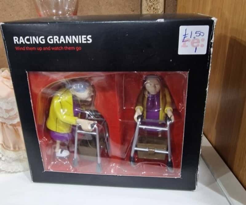 RACING GRANNIES toy set in black box with two elderly figures using walkers.