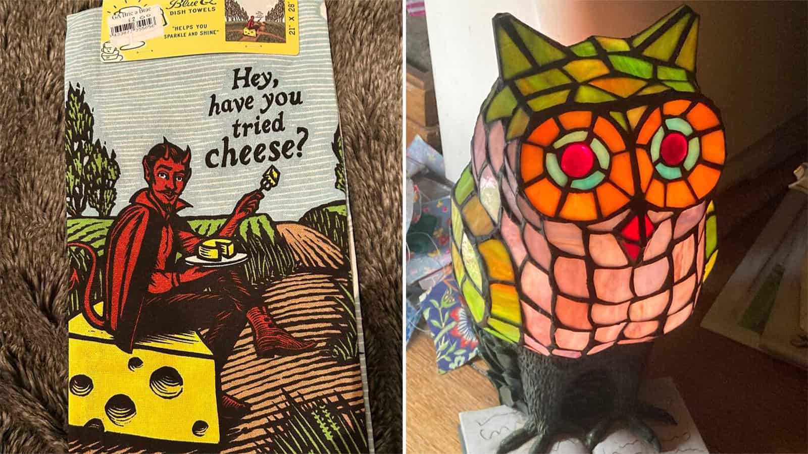 Hey, have you tried cheese? with a knight at a cheese wheel (thrift find).
