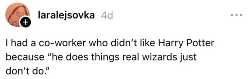 Co-worker disliked Harry Potter, saying he does things real wizards don't do.