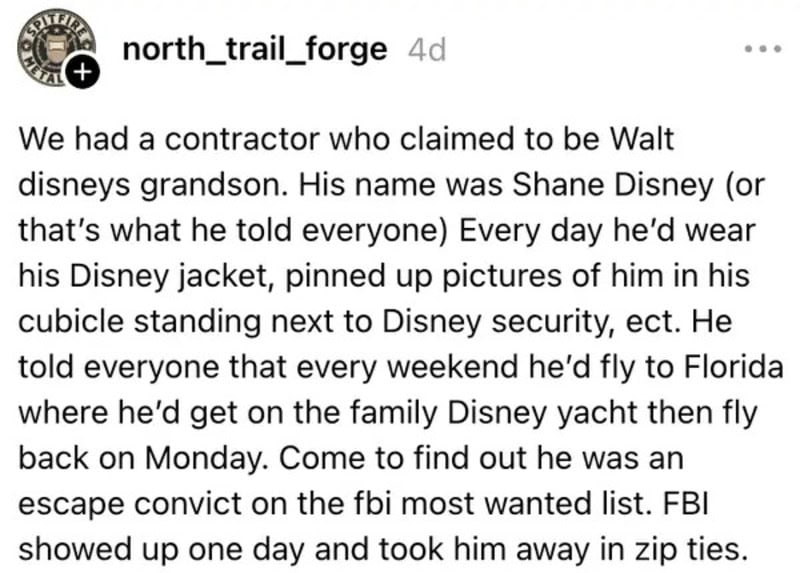 Contractor claiming to be Walt Disney's grandson, wearing Disney jacket, with Disney security.