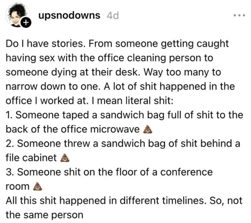 A social media post describing various bizarre office incidents involving bodily waste.