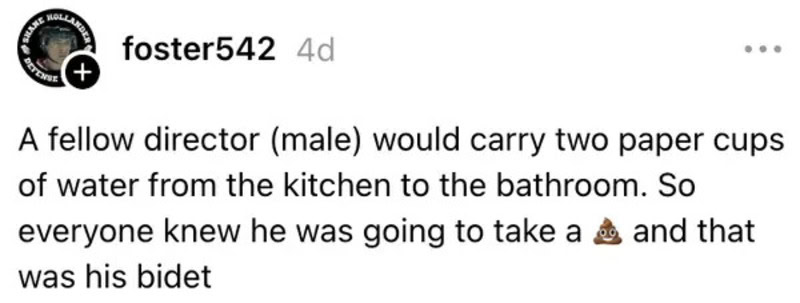 A social media post about a director carrying water in paper cups from kitchen to bathroom.