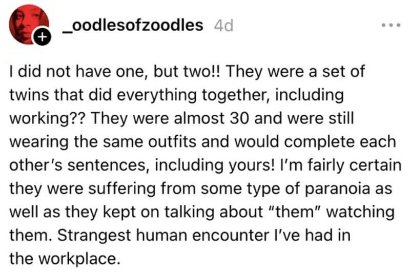 Two twins wearing matching outfits, talking and working together at work.