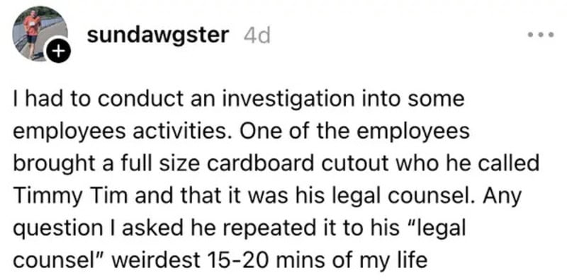 Employee conducted investigation, employee brought cardboard cutout called Timmy Tim.