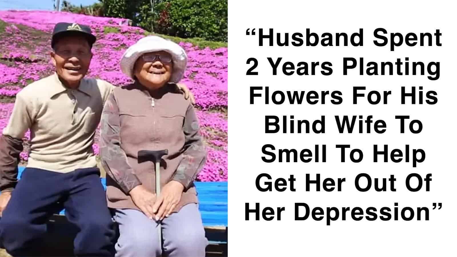 Husband and wife smiling in a garden with pink flowers, woman with a cane, man in a cap.