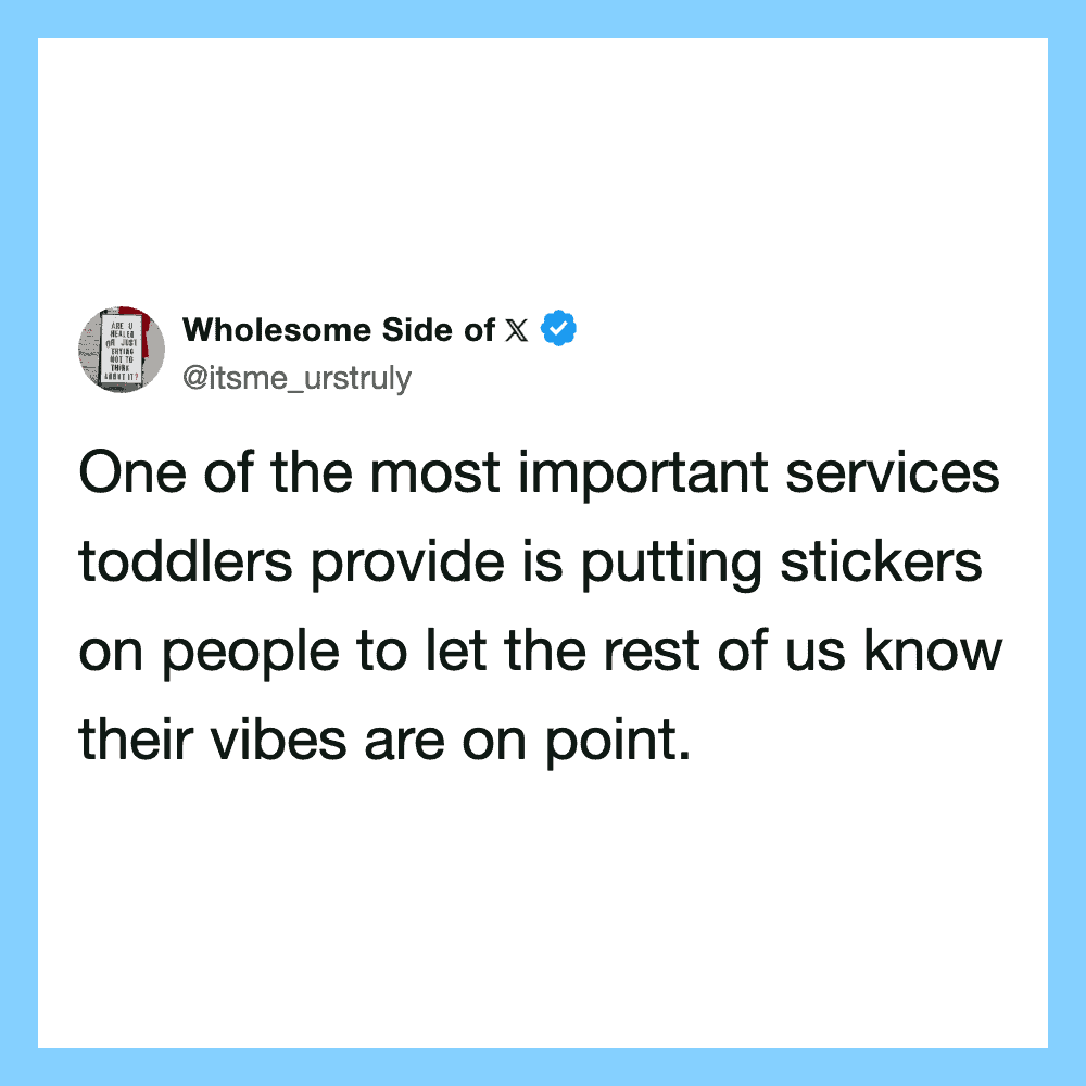 A tweet from Wholesome Side of X about toddlers putting stickers on people.