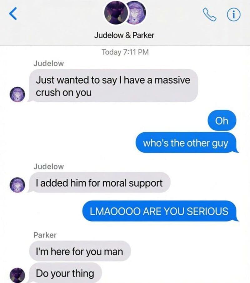 Text conversation about a crush and moral support between Judelow, Parker, and another person.