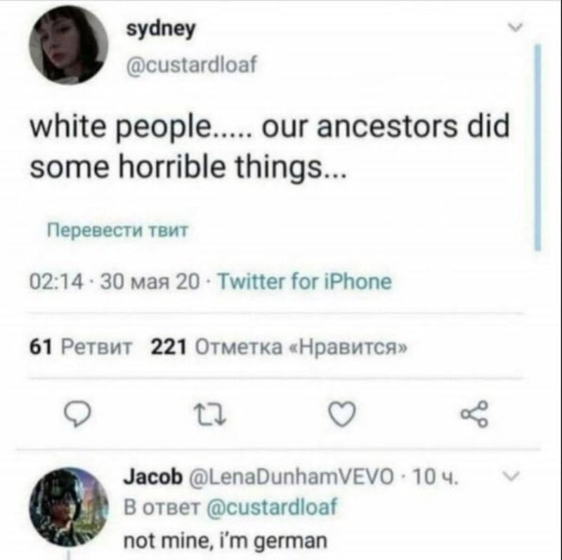 Twitter conversation about ancestors and ethnicity, with a reply saying not mine, I'm German.