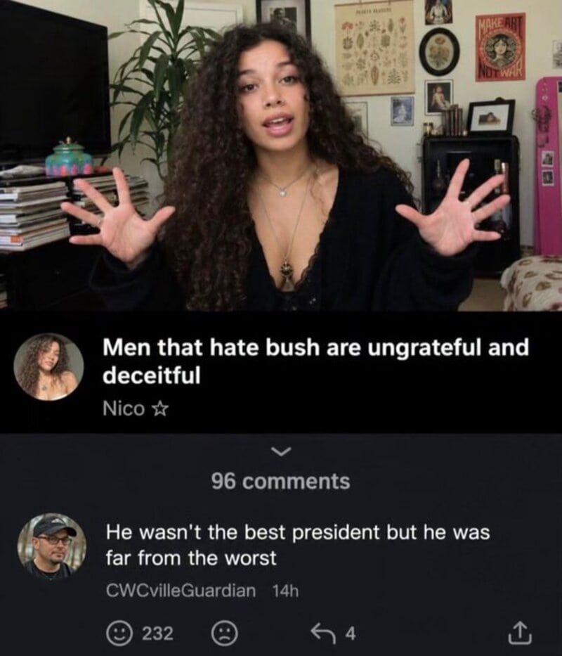 YouTube thumbnail of a woman with curly hair and a black top, with a caption about men hating Bush.