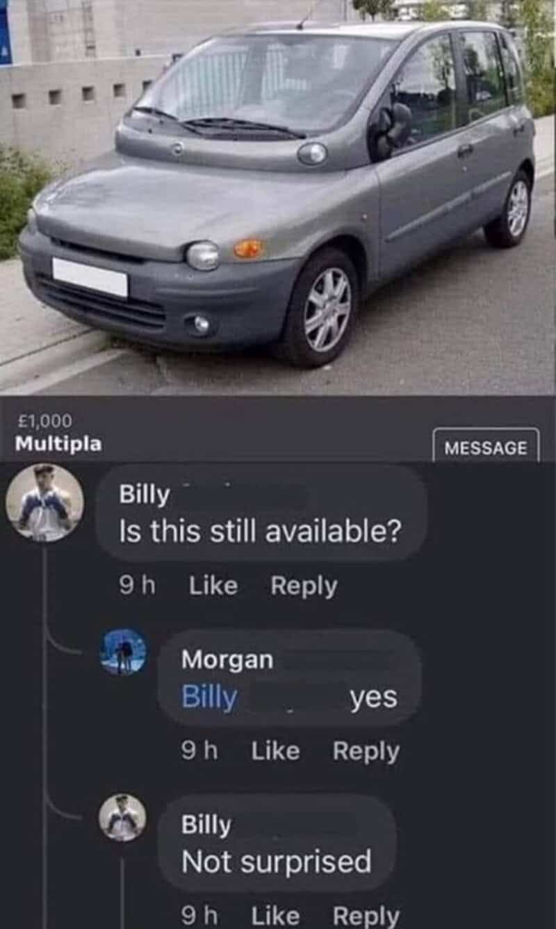 A small gray car parked on the street with a Facebook conversation overlay.