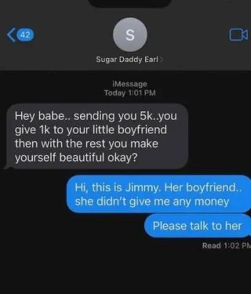 Text message conversation about sending money to a boyfriend and asking to talk to his girlfriend.