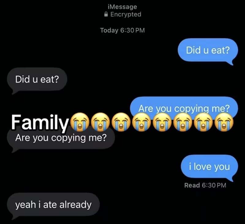 Screenshot of a text conversation with crying emojis and questions about eating.