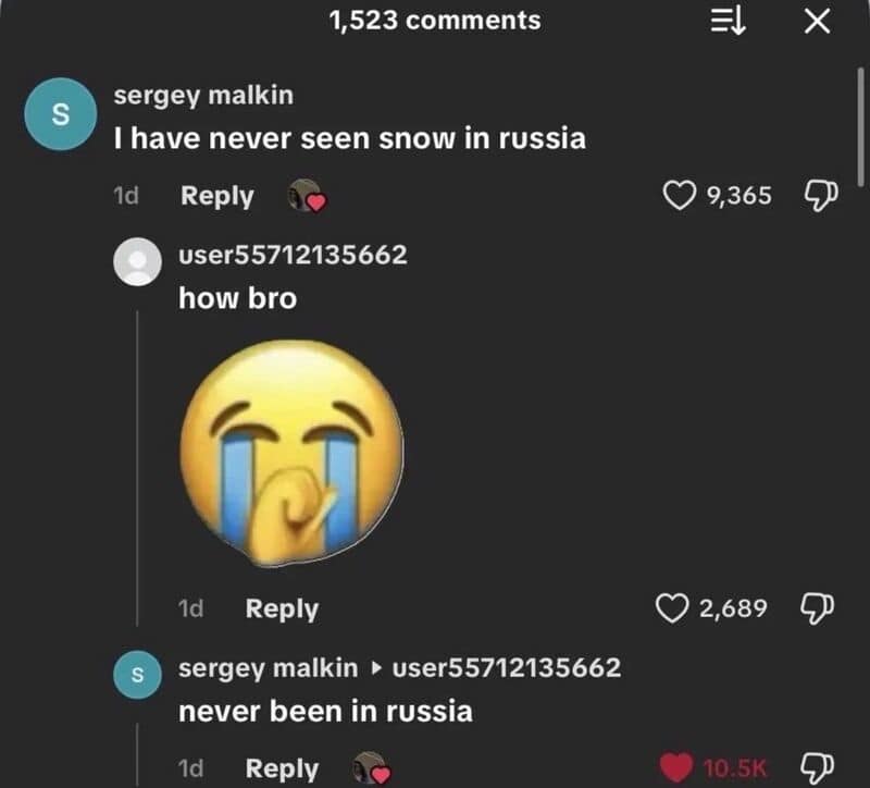 Comment thread about never seeing snow or being in Russia, with crying emoji.