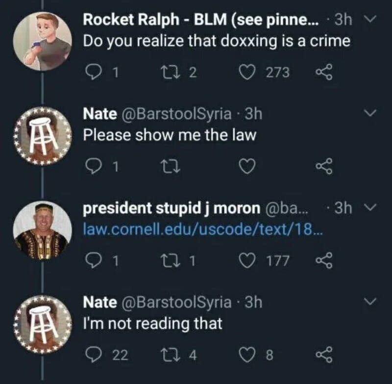 Twitter conversation about doxxing, law, and reading links, with profile pictures and tweets.