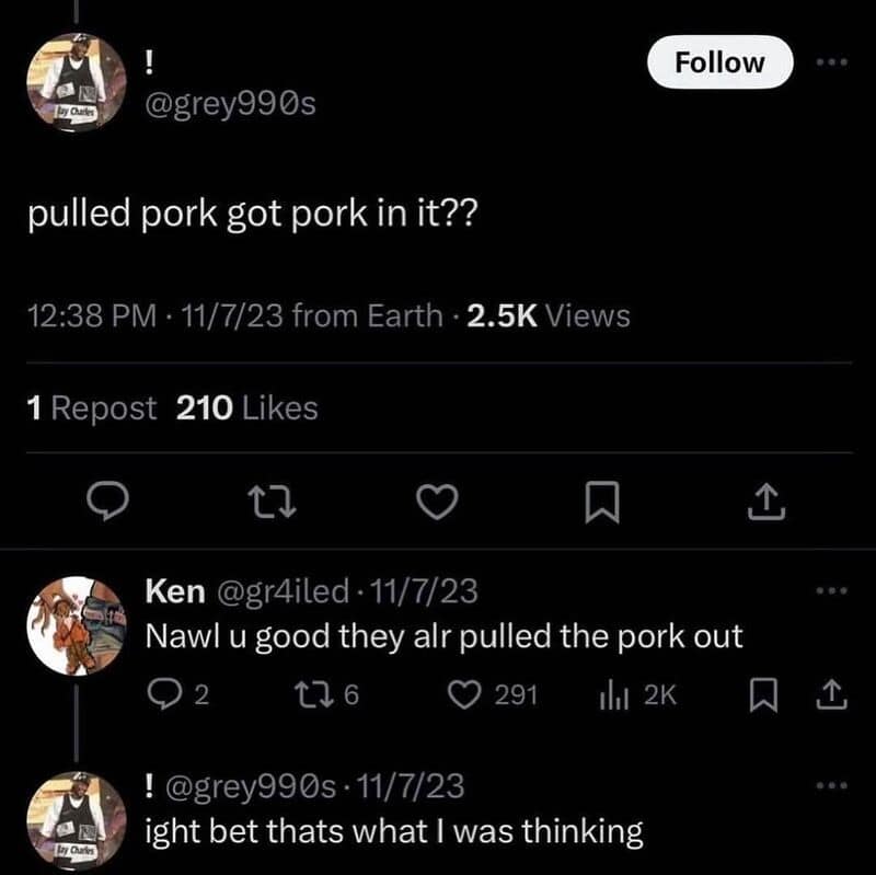 Twitter conversation about pulled pork with humorous replies.