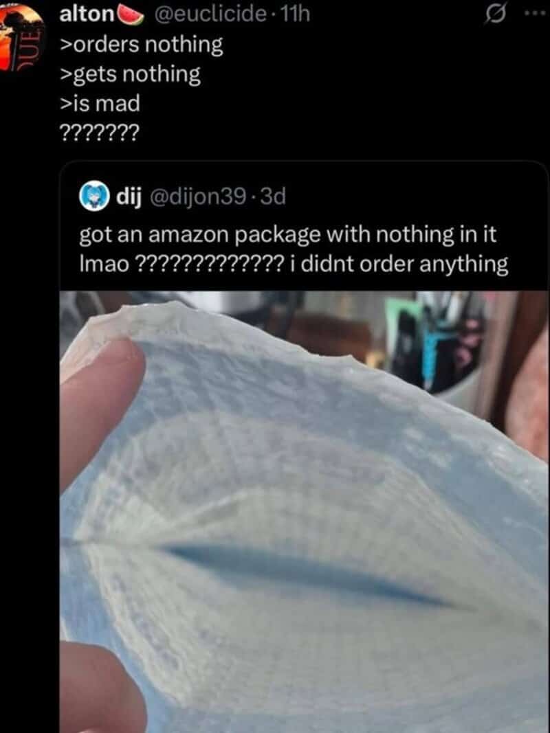 Person holding empty Amazon package with text about orders and frustration.