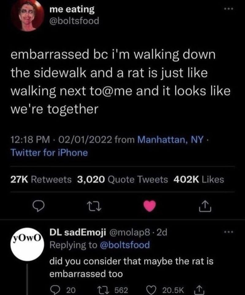 A tweet about a rat looking like it's walking next to someone, with a reply suggesting the rat might.