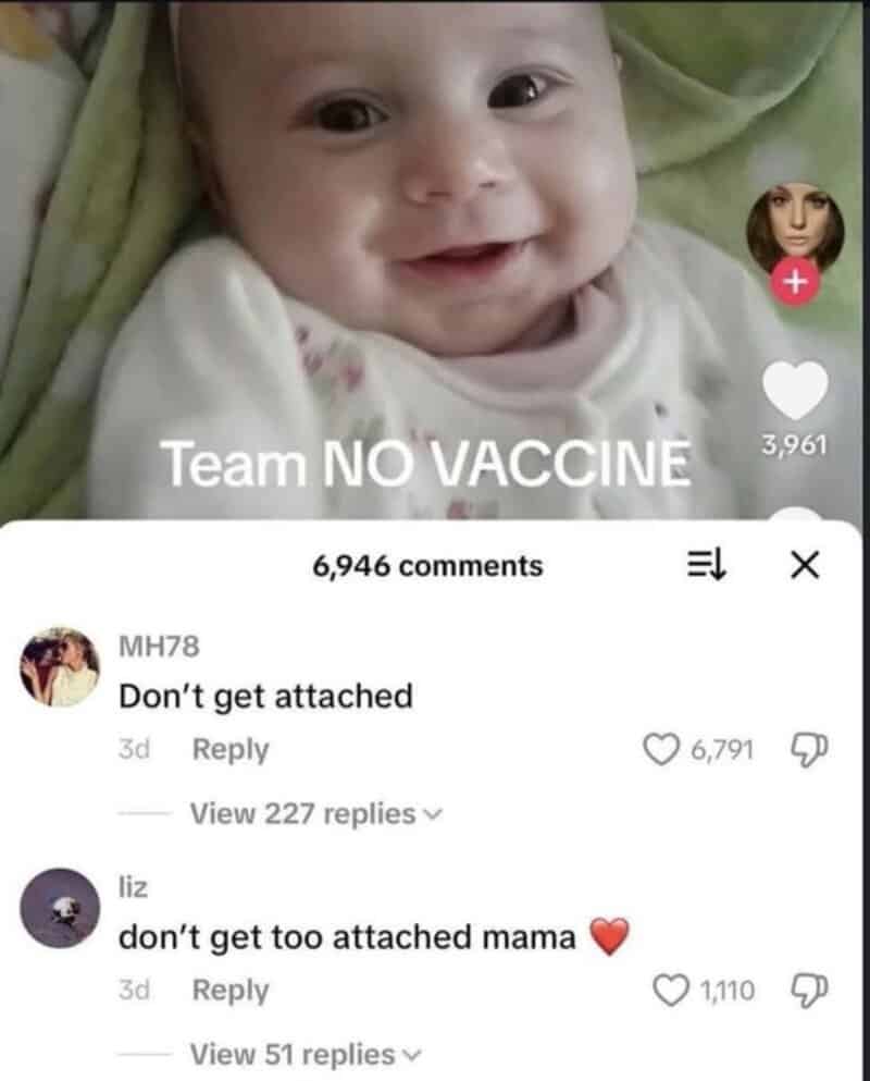 Baby smiling with text 'Team NO VACCINE' and comments about attachment.