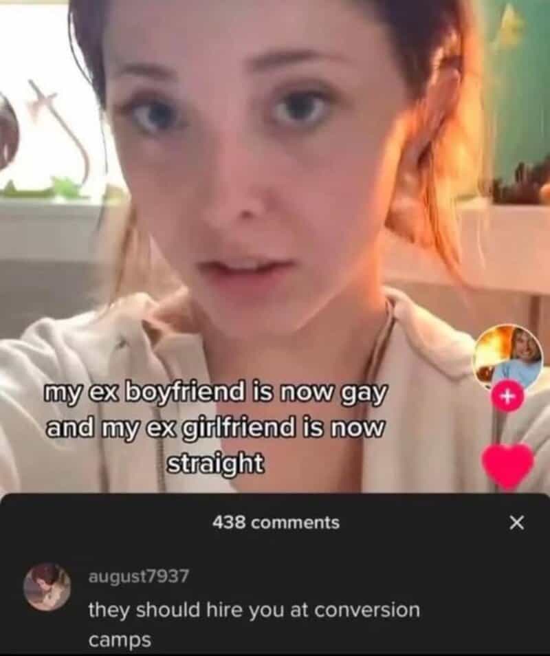 Young woman with short hair and a serious expression, text overlay about exes.